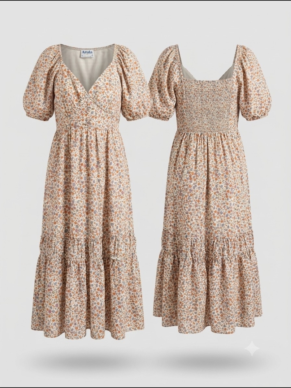 ARULA Beige Floral Puff-Sleeve Midi Dress with Smocked Back